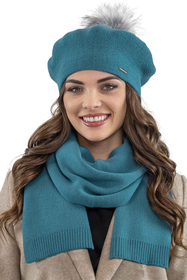 Vivisence Béret Femme Pour L'automne et L'hiver Avec Pompon En Fausse Fourrure Tricoté En Laine Acrylique Doux Chaud Et Confortable Idéal Classique Et Élégant 7035, turquoise