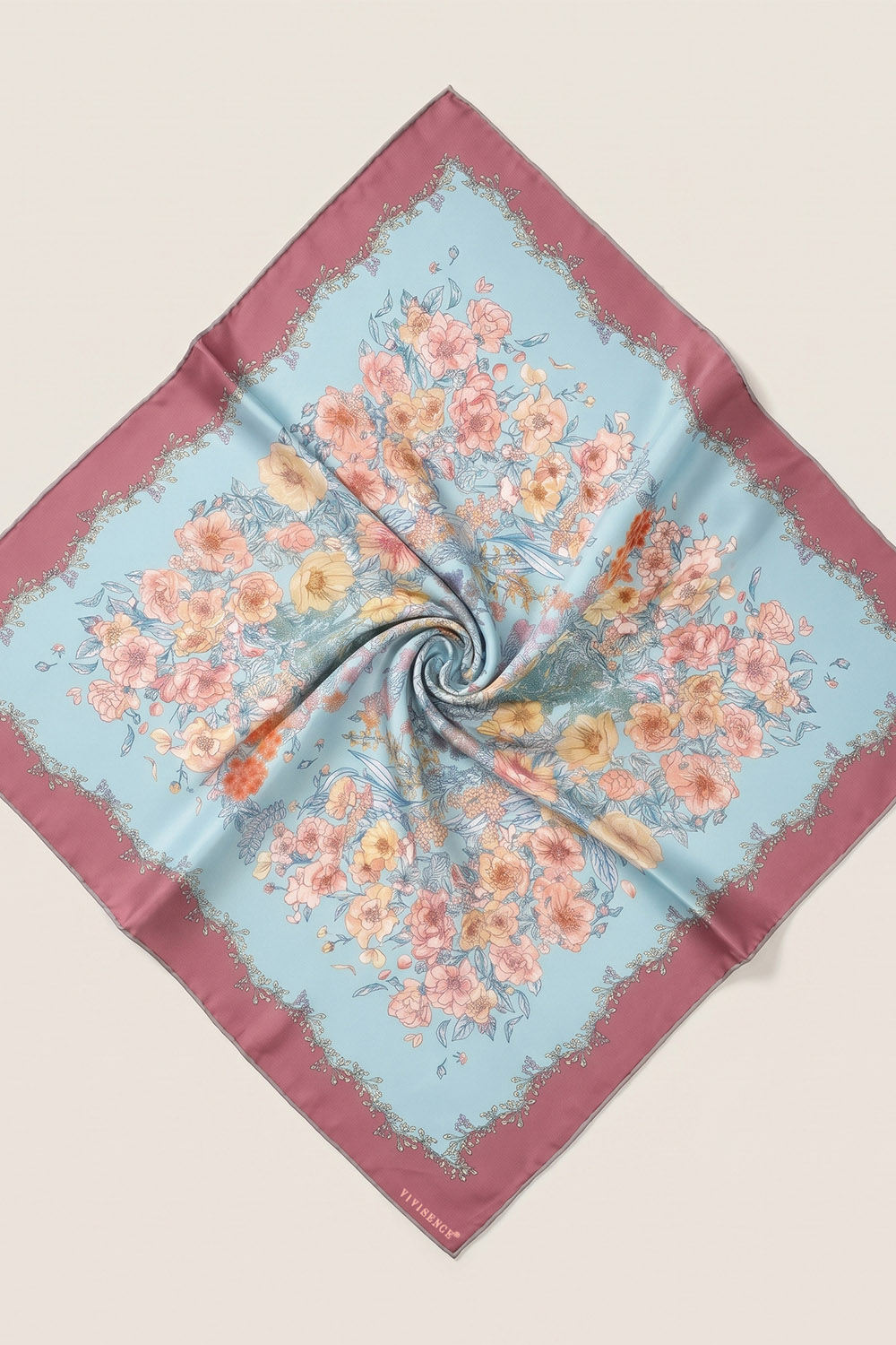 Vivisence Carré de Soie Femme 65 x 65 cm, Foulard en Soie Naturelle 14 Momme, Bords Roulottés à la Main, Motif Floral Bleu Ciel/Rose, Bleu ciel/Rose