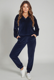 Vivisence Pantalon Femme Décontracté Coupe Ample Taille Élastique Poches Latérales Chevilles Resserrées Tenue Confort Détente Maison Loisirs Lounge Jogging, bleu foncé