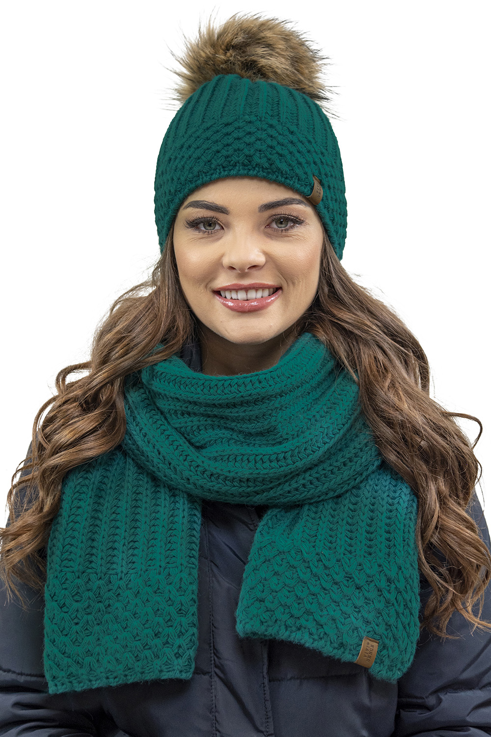 Vivisence Bonnet Et Écharpe Femme Pour L'automne et L'hiver Ensemble En Fil Chaud Avec Doublure En Polaire Anti-Statique Et Pompon En Fausse Fourrure Parfait Pour Les Froids Jours 7016Kmpl, turquoise foncé