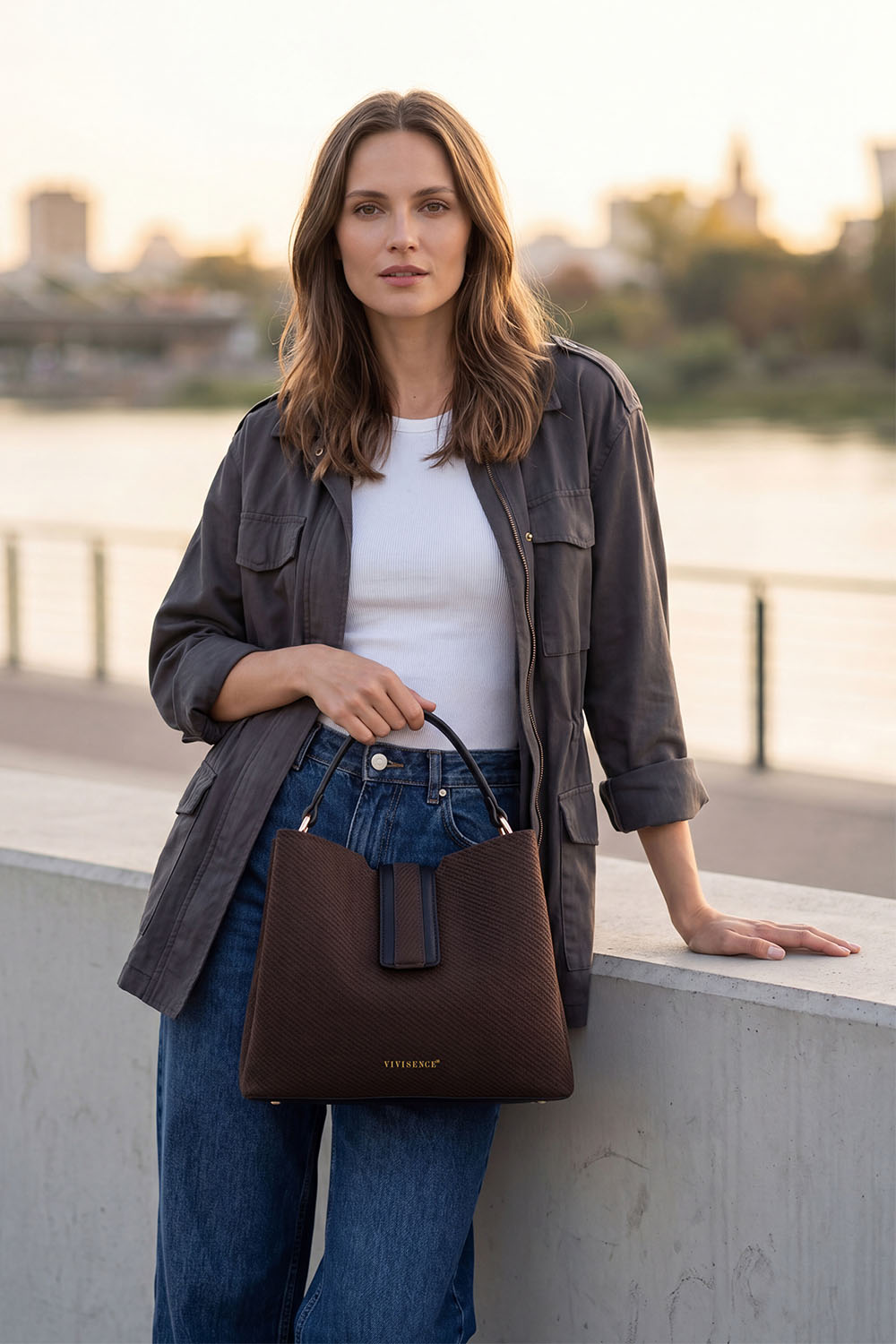 Vivisence Women Top Handle Bag Magnetic Flap and Strap for Daily Use Organized, Brown