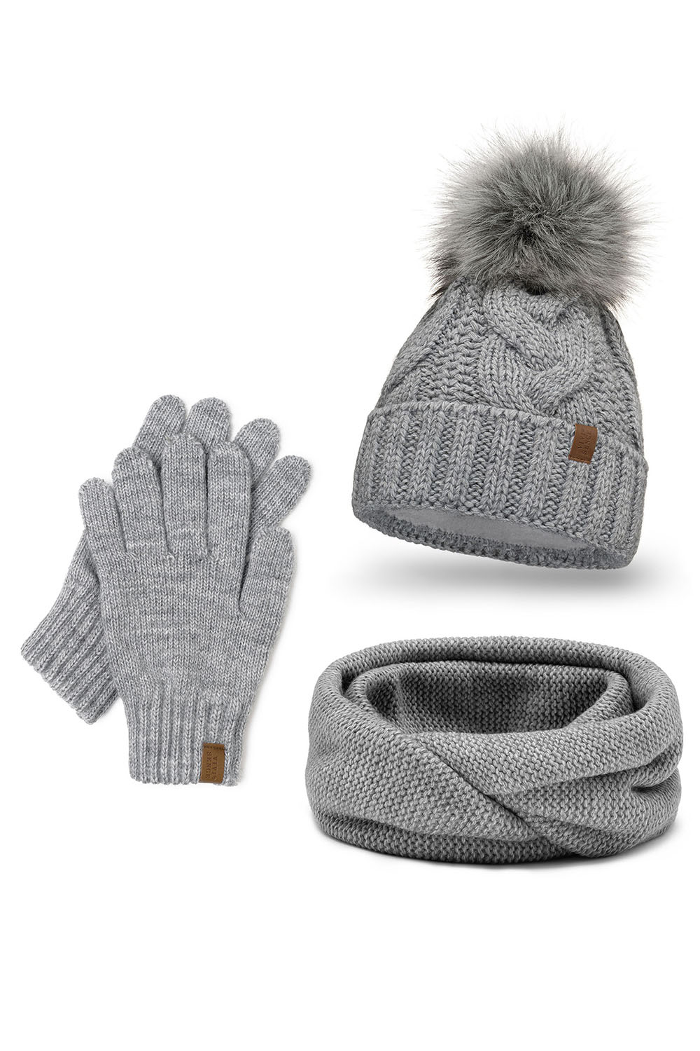 Vivisence Women Winter Hat Scarf And Gloves Set Soft Fleece Lining Cozy Warmth, light grey