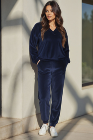 Vivisence Women Tracksuit Cotton Set Ribbed Waistband Casual Loungewear 9202, dark blue