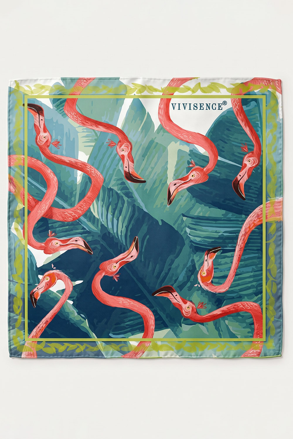 Vivisence Women Silk Scarf Hand Rolled Edges Versatile Styling for Everyday, green/pink flamingos