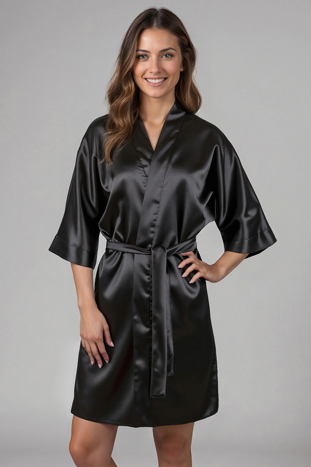 Vivisence Women's Satin Robe with 3/4 Sleeves Tie Waist Short Kimono Style Elegant Polyester Nightwear, Black
