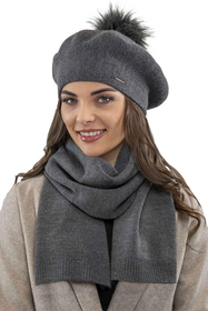 Vivisence Damen Baskenmütze Schal Set Bommel Wolle Warm Elegant Winter 7035Kmpl, dunkelgrau