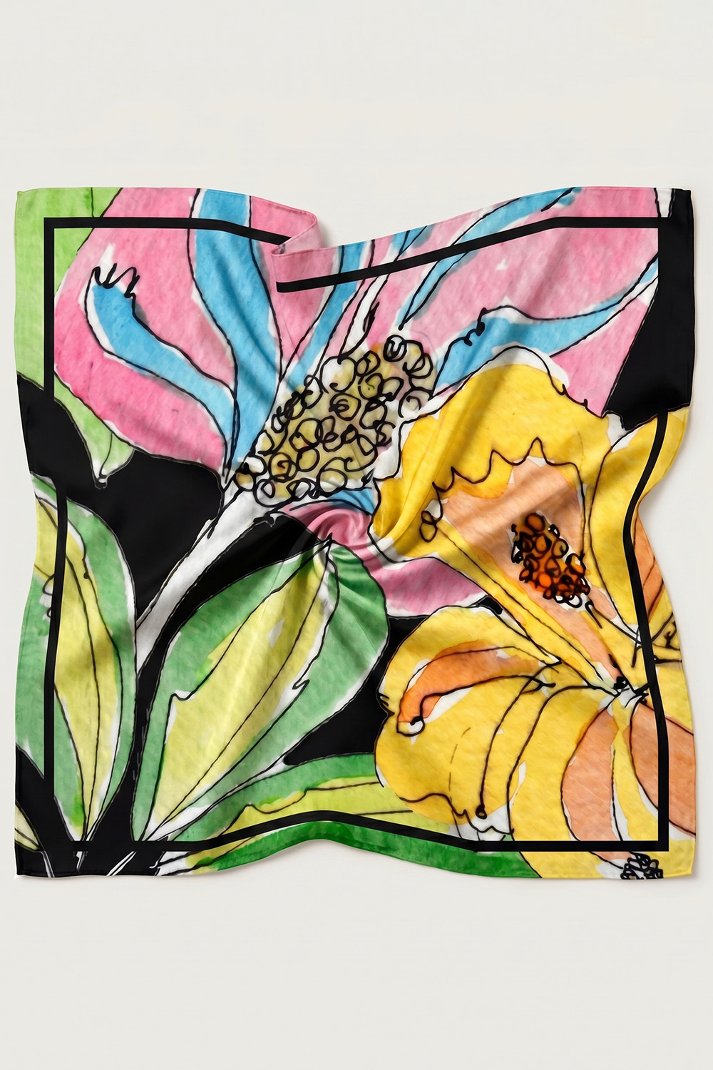 Vivisence Women Silk Scarf Silk Bandana Hand Rolled Edges Gentle On Skin, yellow/green/pink