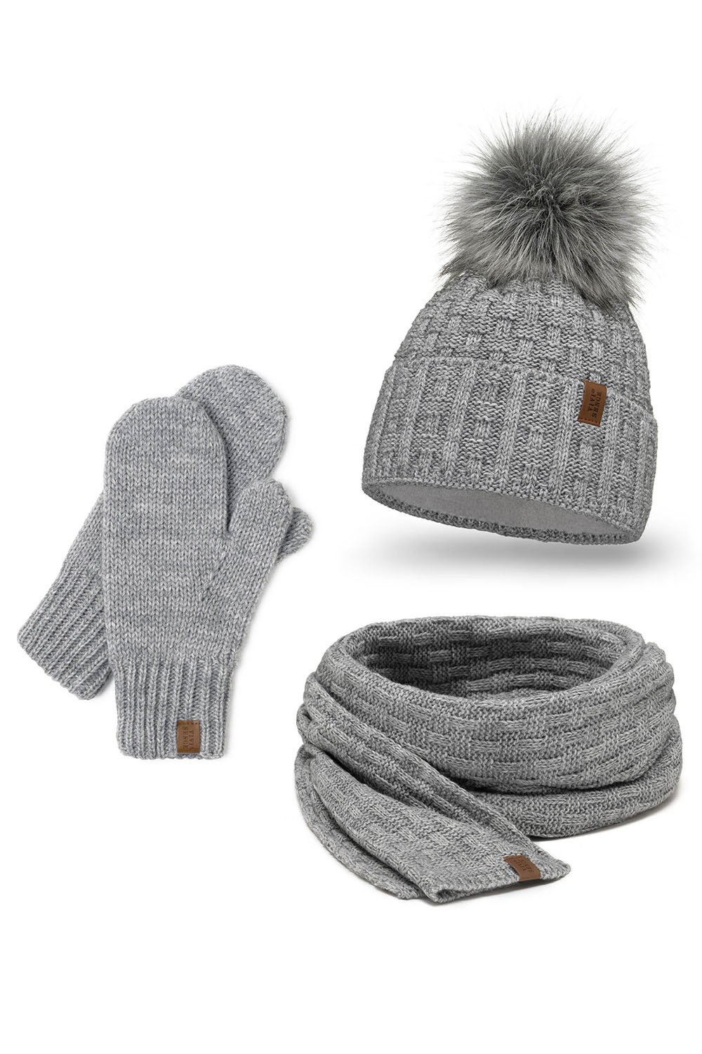 Vivisence Femme Ensemble Bonnet Pompon Écharpe Moufles Chaud Hiver Élégant, gris clair