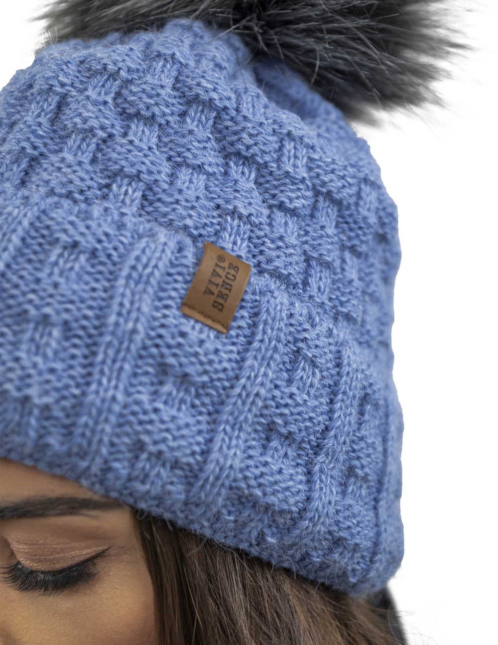Vivisence Femme Bonnet Et Écharpe Pour l'Automne et l'Hiver À Pompon Chauds Doublés De Polaire Anti-Statique Idéal Pour Les Hommes Élégants Parfait Pour Froides Journées 7015Kmpl, bleu denim