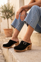 Vivisence Damen Clogs aus Wildleder, Holzsohle, geschlossen mit Schnalle, bequem für Alltag und Büro, schwarz 