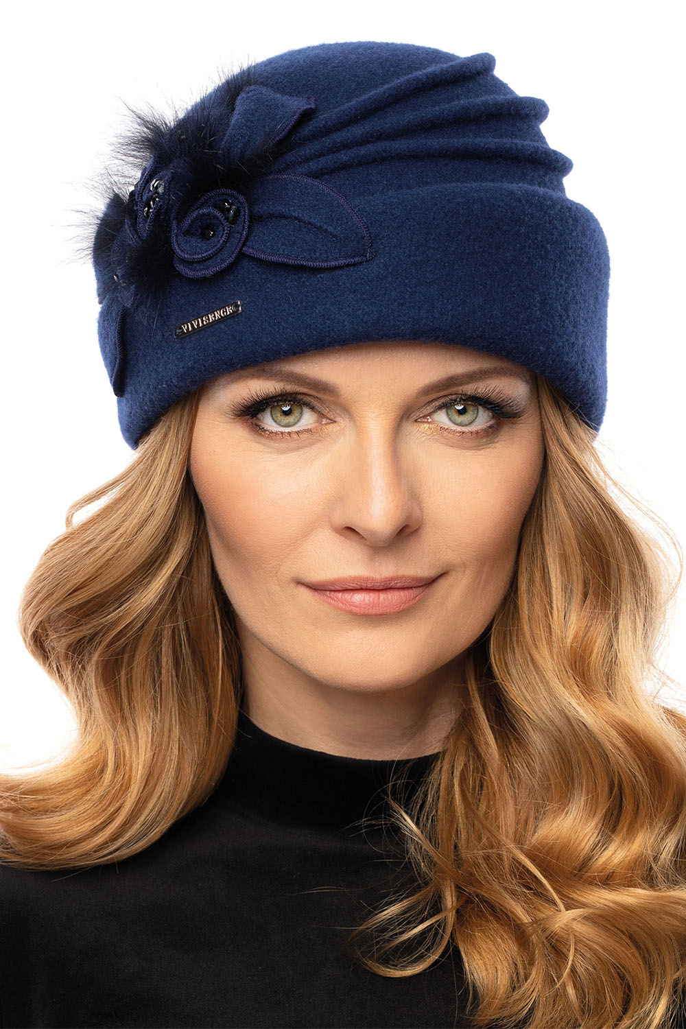 Vivisence Damen Mütze Winter Perlen Toque Wolle Handgefertigte Herbst Warme 7058, dunkelblau
