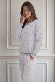 Vivisence Dame Schlafanzug 2-teiliges Set Pyjama Bluse Hose Gemustert Tupfen 2023, Grau
