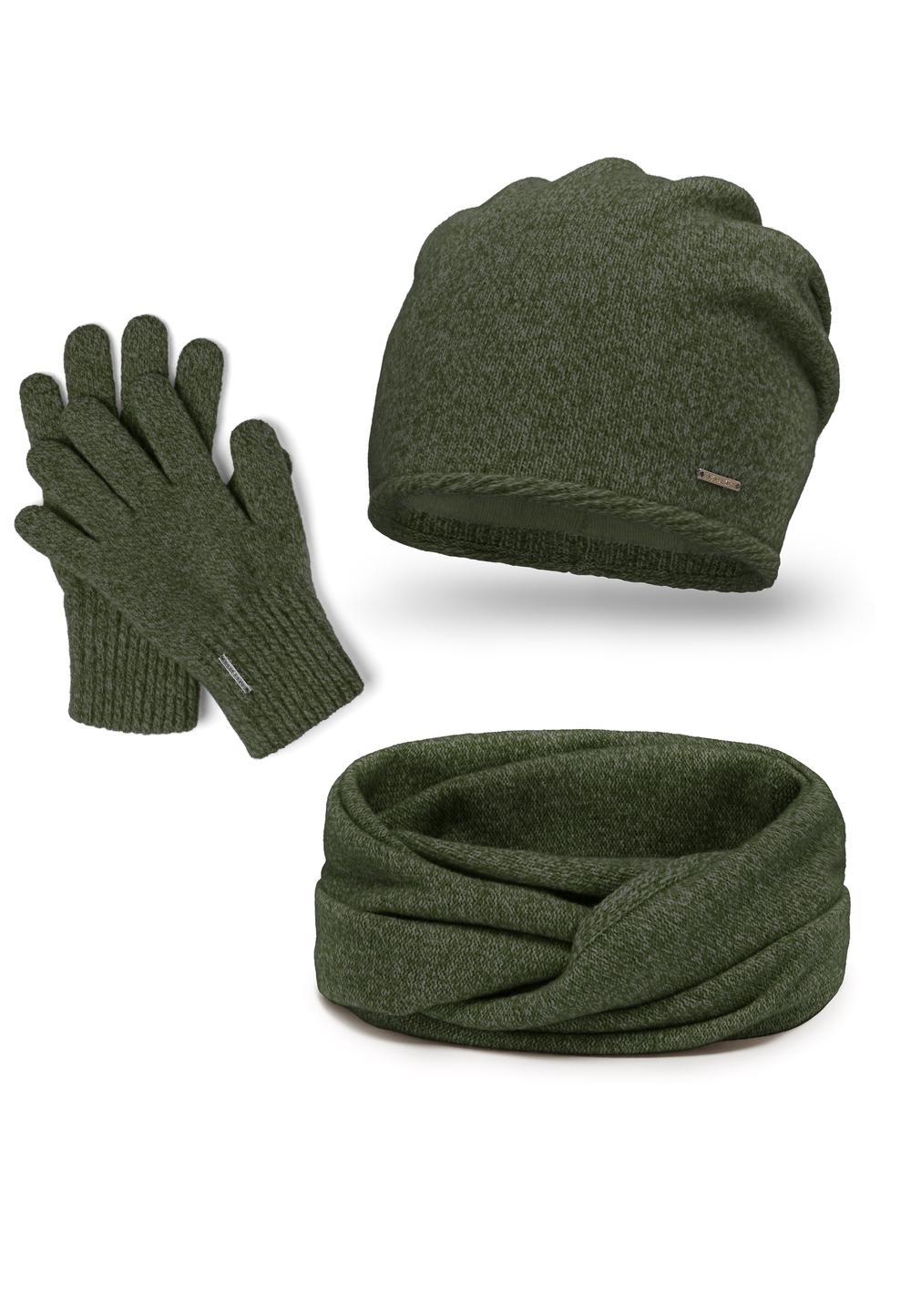 Vivisence Bonnet Cache-cou et Gants Pour Femme L'Automne et L'Hiver Ensemble en Laine Chaud Confort Ajusté Doublé Qualité Supérieure 7087Kmpl, vert mélange