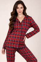 Vivisence Femme Pyjama Deux Pièces Coton À Carreaux Boutonné Confort Doux, rouge