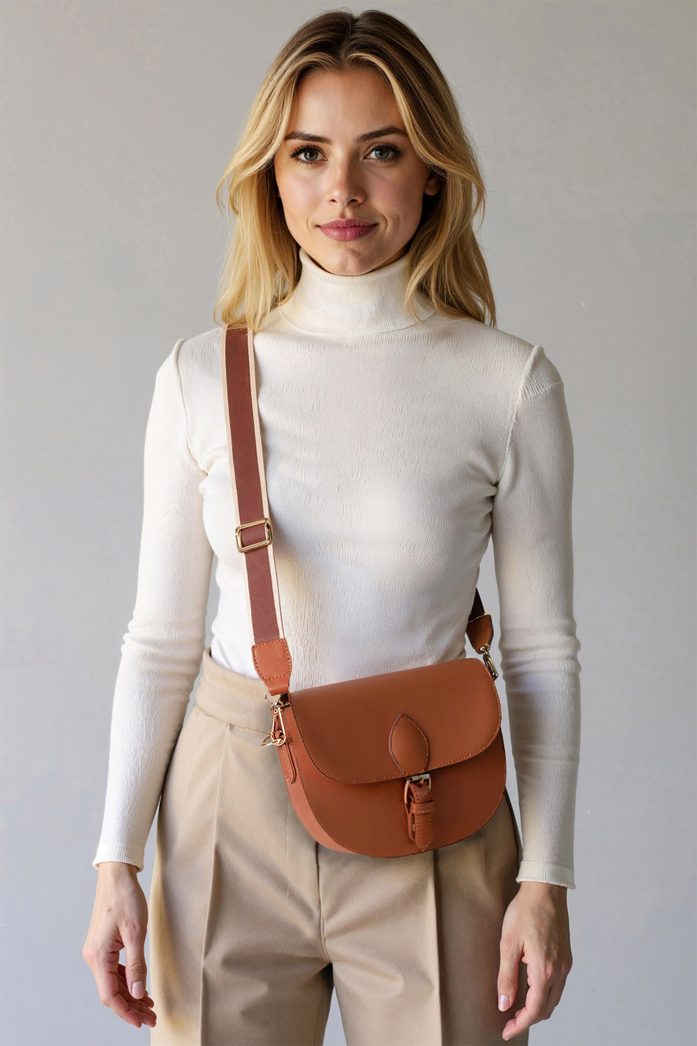 Vivisence Damen Schultertasche Magnetverschluss mit Zierstreifen, Braun