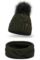 Vivisence Bonnet Femme Et Écharpe Pour L'automne et L'hiver À Pompon Cache-cou Ensemble Classique En Fils Chauds Avec Doublure En Polaire Parfait Pour Les Journées Froides 7014, vert