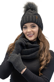 Vivisence Damen Winter Set Bommelmütze Loop Schal Handschuhe Warm Elegant, dunkelgrau