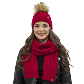 Vivisence Elegant Women’s Winter Set Classic Style Hat with Pom-Pom and Matching Scarf Warm and Static-Free Fabric Perfect for Both Elegant and Sporty Outfits Great Gift Idea, red