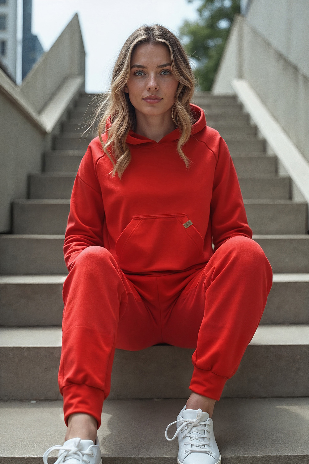 Vivisence Femme Ensemble Survêtement Coton Capuche Poches Confort Quotidien 9203, rouge