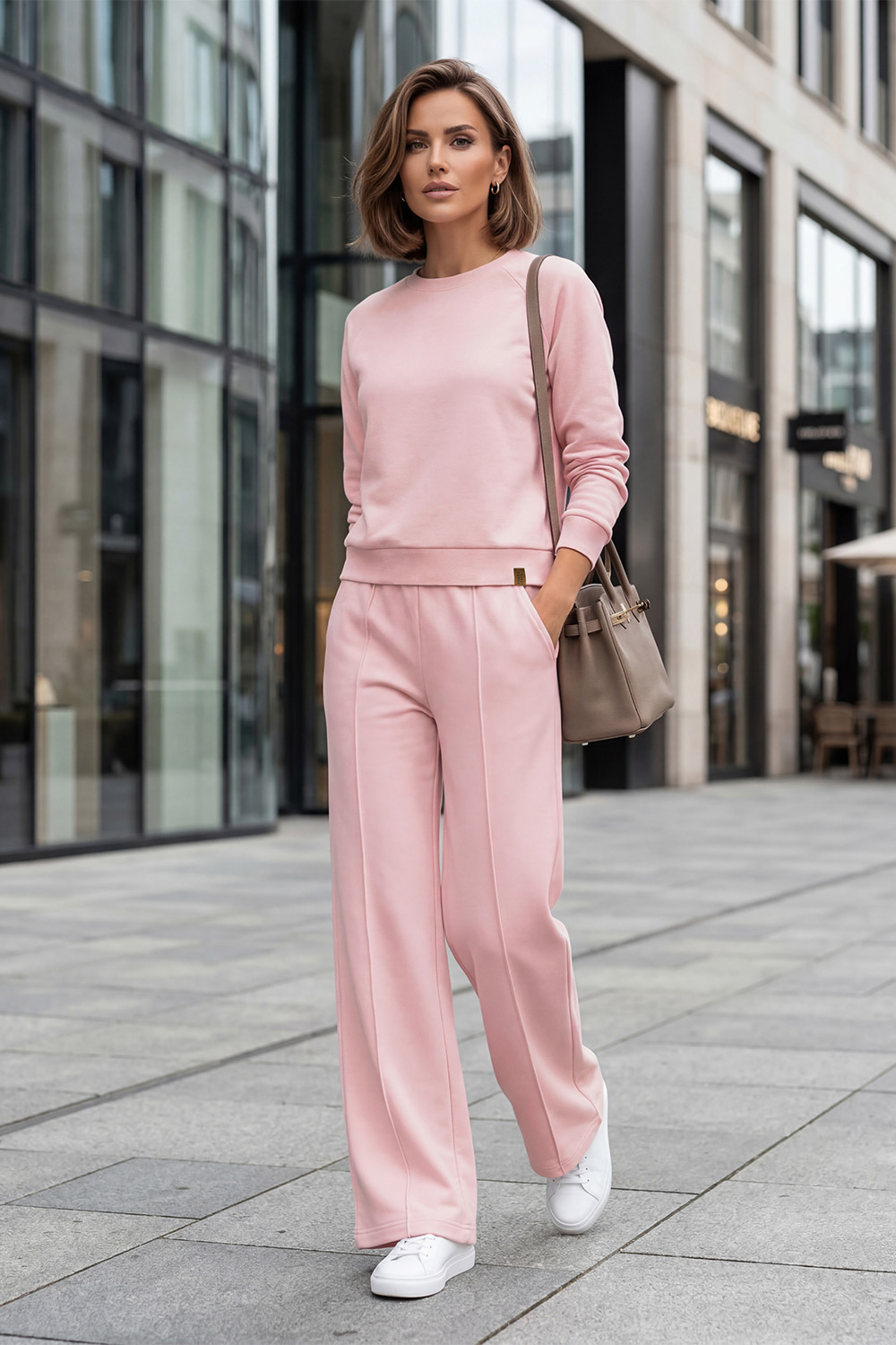 Vivisence Women’s Pull On Trousers, Soft Knit Smart Casual Trousers with Front Crease, Flared Leg and Side Pockets, pink