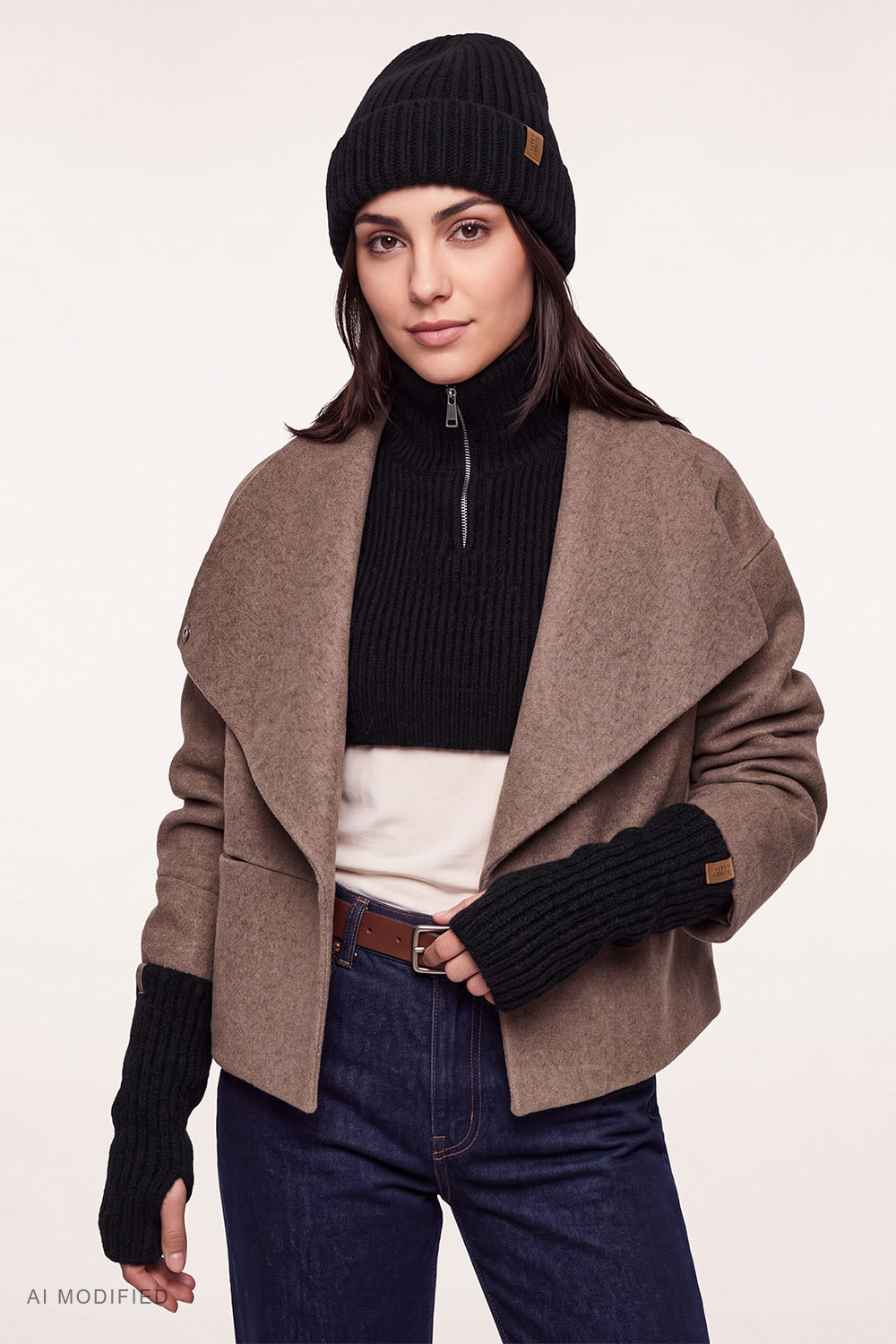 Vivisence Damen Set Mütze Schal Handwärmer warme Strickware, schwarz