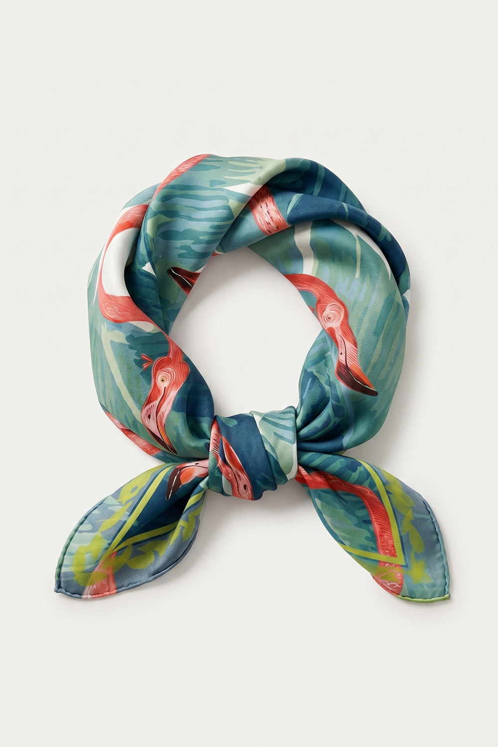 Vivisence Women Silk Scarf Hand Rolled Edges Versatile Styling for Everyday, green/pink flamingos
