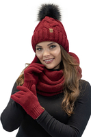 Vivisence Damen Winter Set Bommelmütze Loop Schal Handschuhe Warm Elegant, weinrot