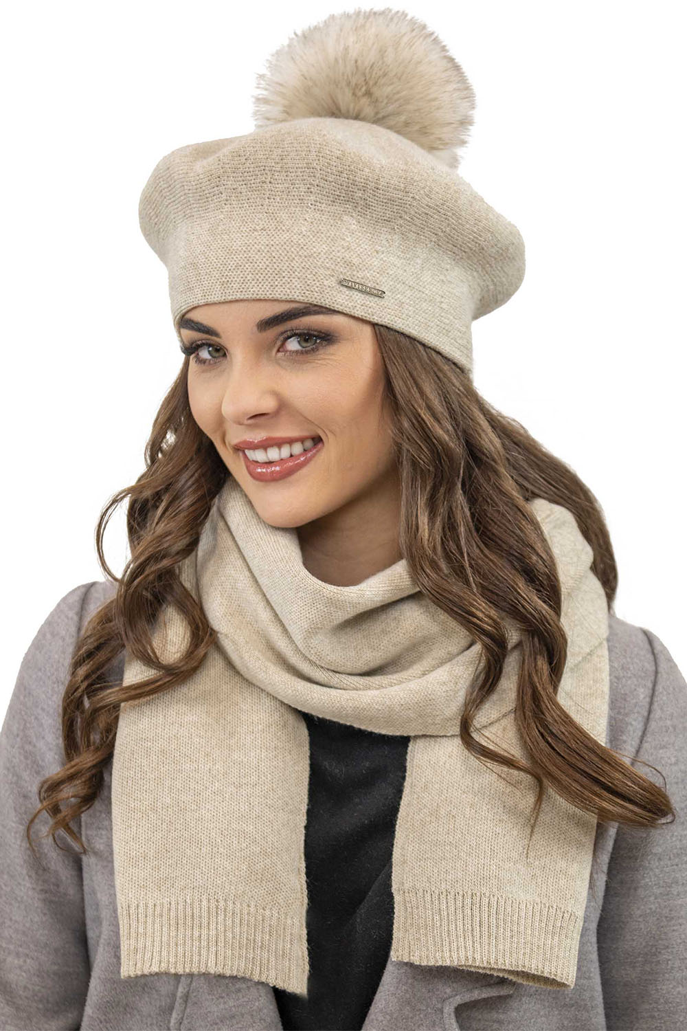 Vivisence Women Beret Wool Blend Faux Fur Pompom Elegant Warm Winter Hat 7035, beige