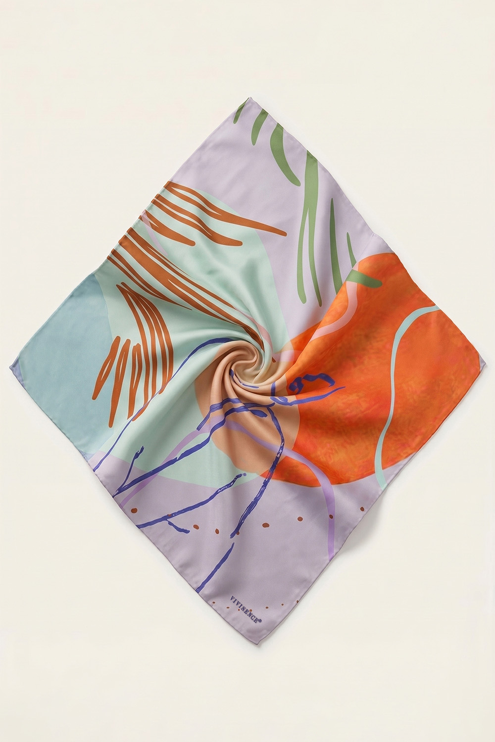 Vivisence Carré de Soie Femme 65 x 65 cm, Foulard en Soie Naturelle 14 Momme, Bords Roulottés à la Main, Motif Artistique Violet/Orange, Violet/Orange