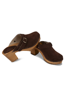 Vivisence Women’s Suede Clogs, Wooden Sole, Closed Toe Slip On Shoes with Buckle, Comfortable Wear, dark brown