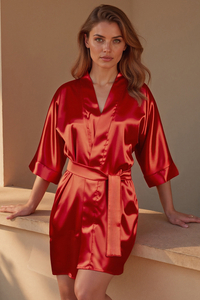 Vivisence Damen Satin Kimono Mit Bindegürtel Für Bequemen Komfort Zuhause, Rot