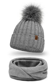 Vivisence Elegant Women’s Winter Hat and Snood Scarf Set with Pom-Pom Made from Warm Thick Yarn Anti-Static Cozy Fleece Lining Versatile Scarf Perfect for Cold Weather, light grey