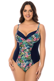 Vivisence Womens One Piece Swimsuit With Padded Cups Adjustable Straps V Neckline Floral Print Design, dark blue flowers