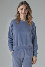 Vivisence Women's Velour Sweatshirt Long Sleeve Crew Neck Lounge Top Soft Cotton Casual Pullover Relaxed Fit Jumper Everyday Loungewear Cozy Sportswear 9005,