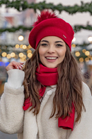 Vivisence Women Beret Wool Blend Faux Fur Pompom Elegant Warm Winter Hat 7035, red