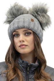 Vivisence Bonnet Et Cache Cou Pour Femme L'Automne et L'Hiver Ajusté Avec Pompons Ensemble À La Mode Pliable En Fils Chauds Et Doublé Polaire Antistatique Avec Patchs En Cuir Écologique 70106Kmpl, gris clair