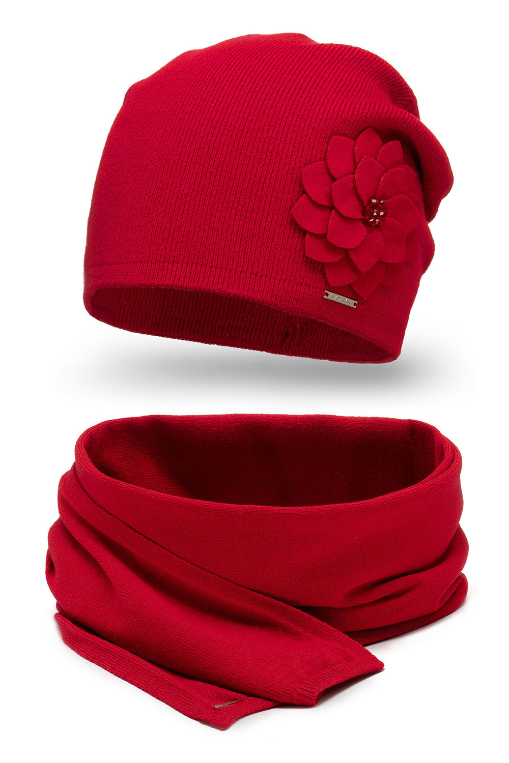 Vivisence Trendiger Damen Winter Set Aus Wintermütze Und Schal Mit Wärmendem Garn Antistatische Blumenapplikation Und Falten Design Perfekt Für Kalte Wintertage, rot