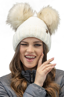 Vivisence Bonnet Et Cache Cou Pour Femme L'Automne et L'Hiver Ajusté Avec Pompons Ensemble À La Mode Pliable En Fils Chauds Et Doublé Polaire Antistatique Avec Patchs En Cuir Écologique 70106Kmpl, écru