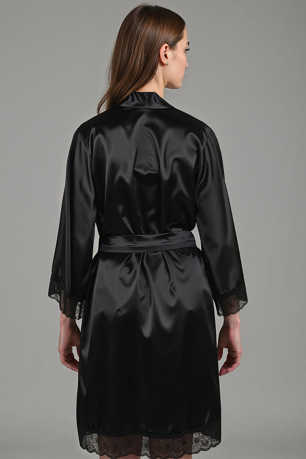 Vivisence Damen Negligé Satin Kurz Kimonoärmel Spitze Bindegürtel Elegant 5032, schwarz