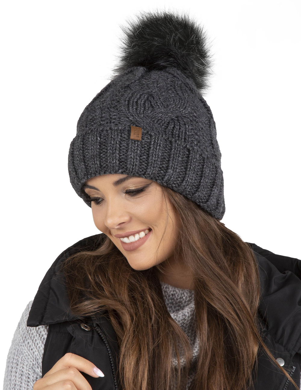 Vivisence Bonnet À Pompon Femme Chaud Et Doux Idéal Pour L’Hiver 7014, gris foncé
