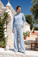 Vivisence Women’s Pull On Trousers, Soft Knit Smart Casual Trousers with Front Crease, Flared Leg and Side Pockets, sky blue