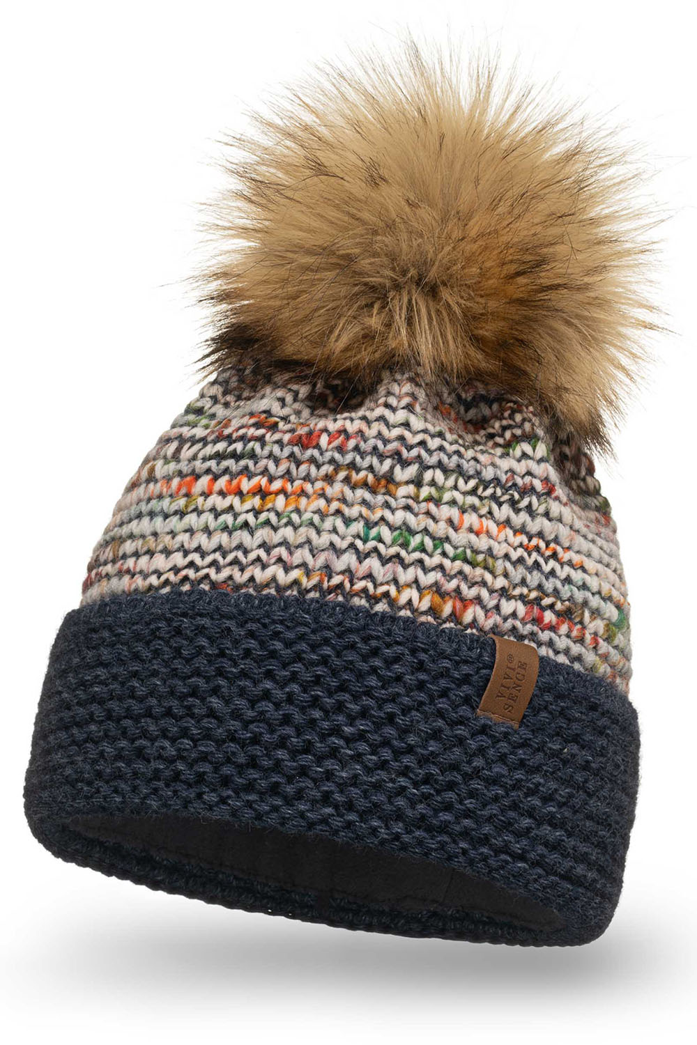 Vivisence Bonnet À Pompon Femme En Fil Chaud Avec Effet Antistatique L’Hiver 7024, bleu foncé