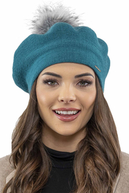 Vivisence Béret Femme Pour L'automne et L'hiver Avec Pompon En Fausse Fourrure Tricoté En Laine Acrylique Doux Chaud Et Confortable Idéal Classique Et Élégant 7035, turquoise