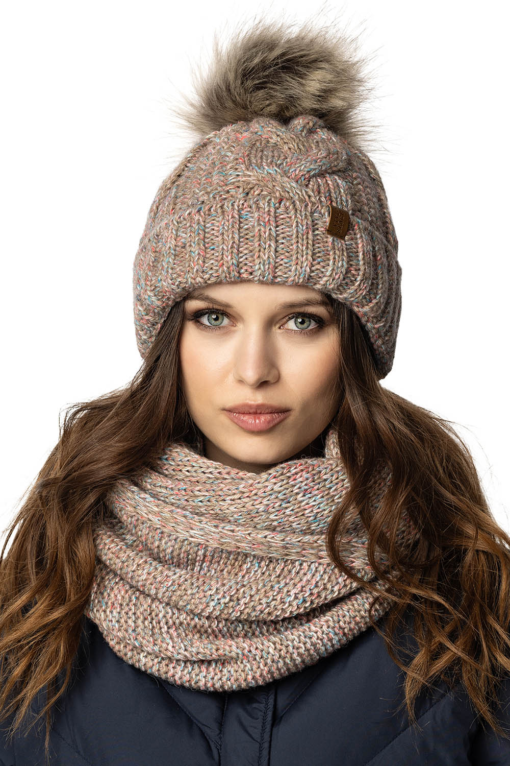 Vivisence Stylish Women's Winter Set Including Pompom Hat And Cozy Snood Scarf Made From Soft And Warm Fabric Smooth Fleece Lining Ideal For Cold Days, brown melange