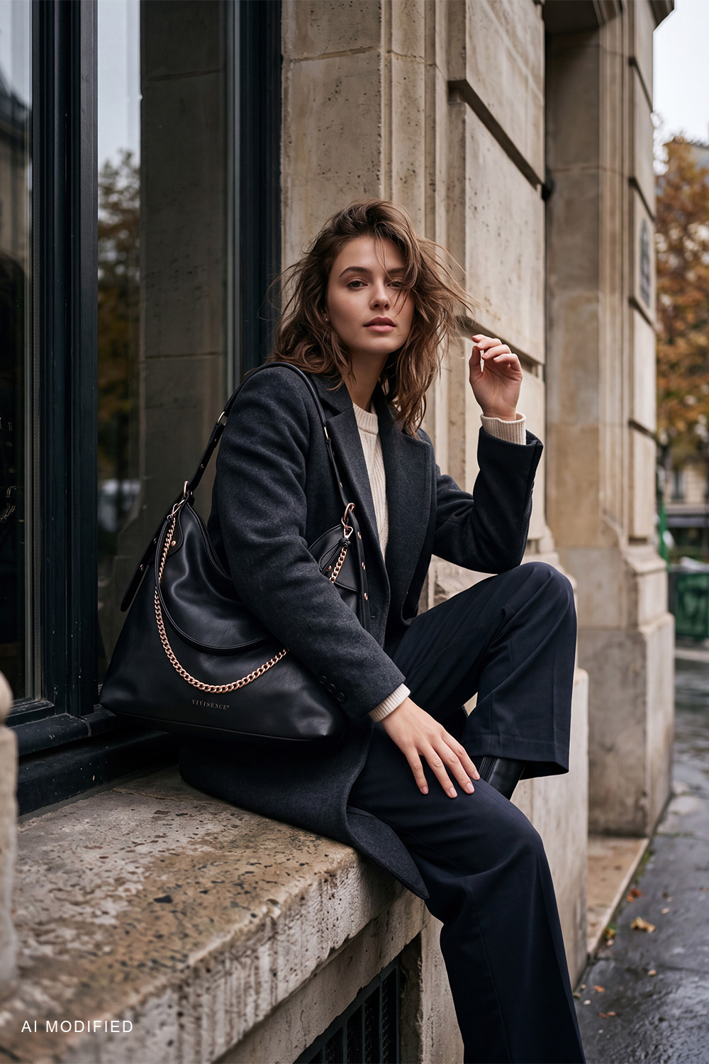 Vivisence Sac bandoulière femme en polyuréthane avec chaîne, noir