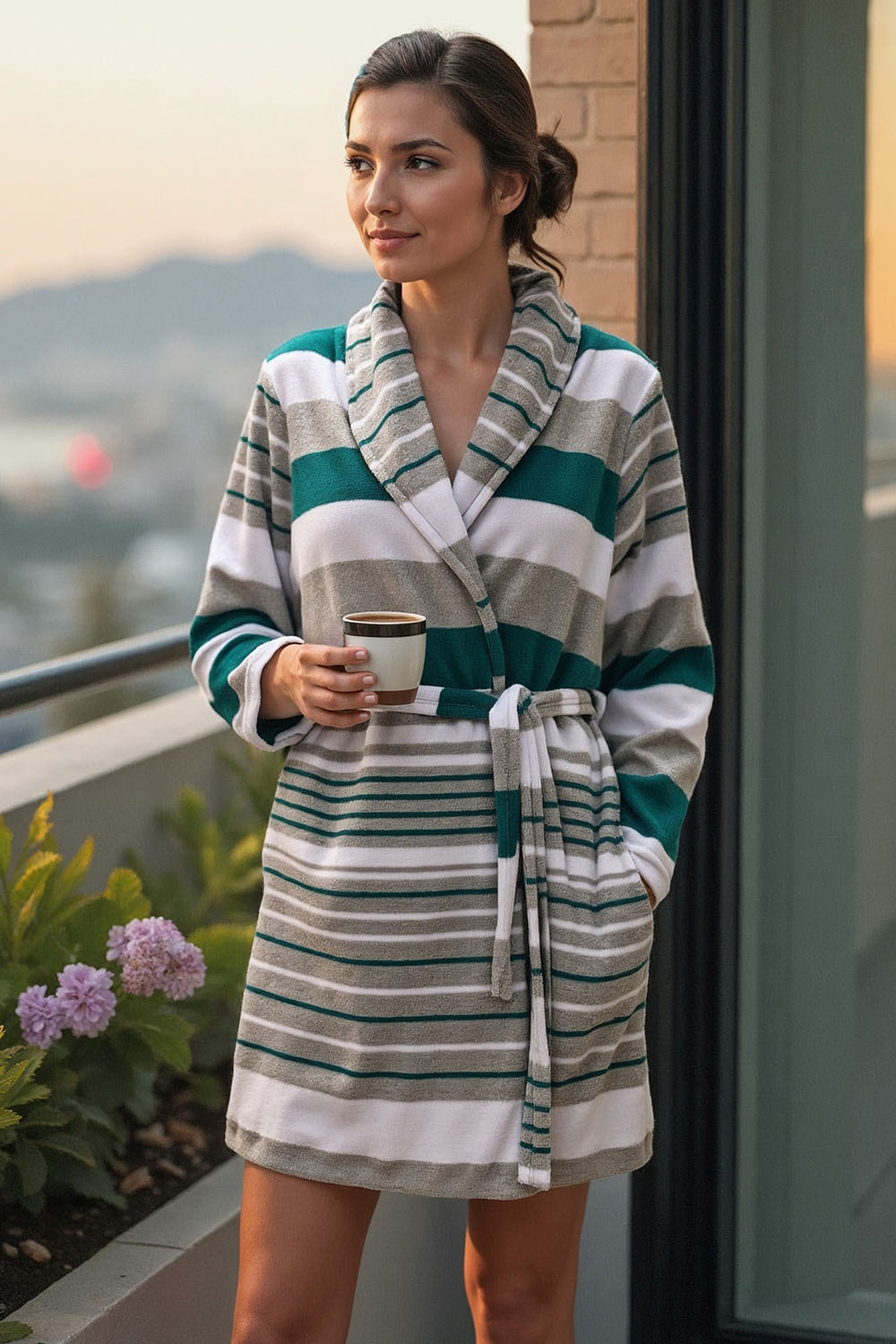 Vivisence Women's Dressing Gown Cotton Side Pockets Perfect For Loungewear 5030, Green