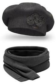 Vivisence Femme Béret Et Écharpe Pour l'Automne et l'Hiver Ensemble En Laine Avec Application Florale Style Classique Confortable Et Élégant Parfait Pour Lhiver Cadeau 7006Kmpl, gris foncé