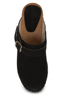 Vivisence Women’s Suede Clogs, Wooden Sole, Closed Toe Slip On Shoes with Buckle, Comfortable Wear, black