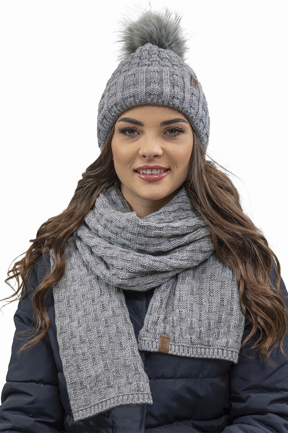Vivisence Femme Ensemble Bonnet Pompon Écharpe Moufles Chaud Hiver Élégant, gris clair