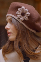 Vivisence Women's Winter Beret Autumn Warm With Floral Applique 7046, brown